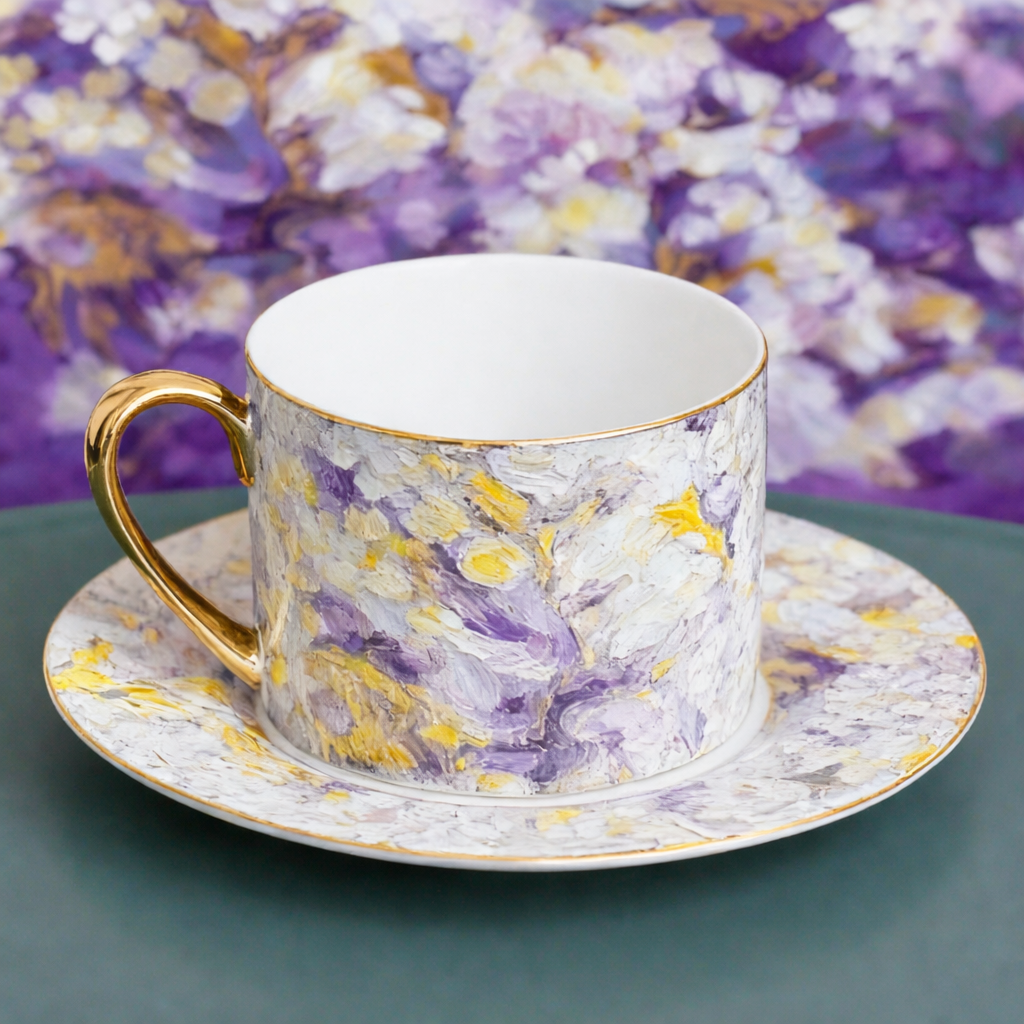 Traditional Turkish Style Tea Cup with Handle, Crafted from Fine Bone China, Paired with a Handmade Saucer