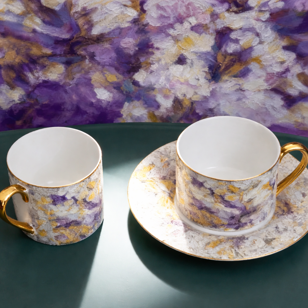 Traditional Turkish Style Tea Cup with Handle, Crafted from Fine Bone China, Paired with a Handmade Saucer